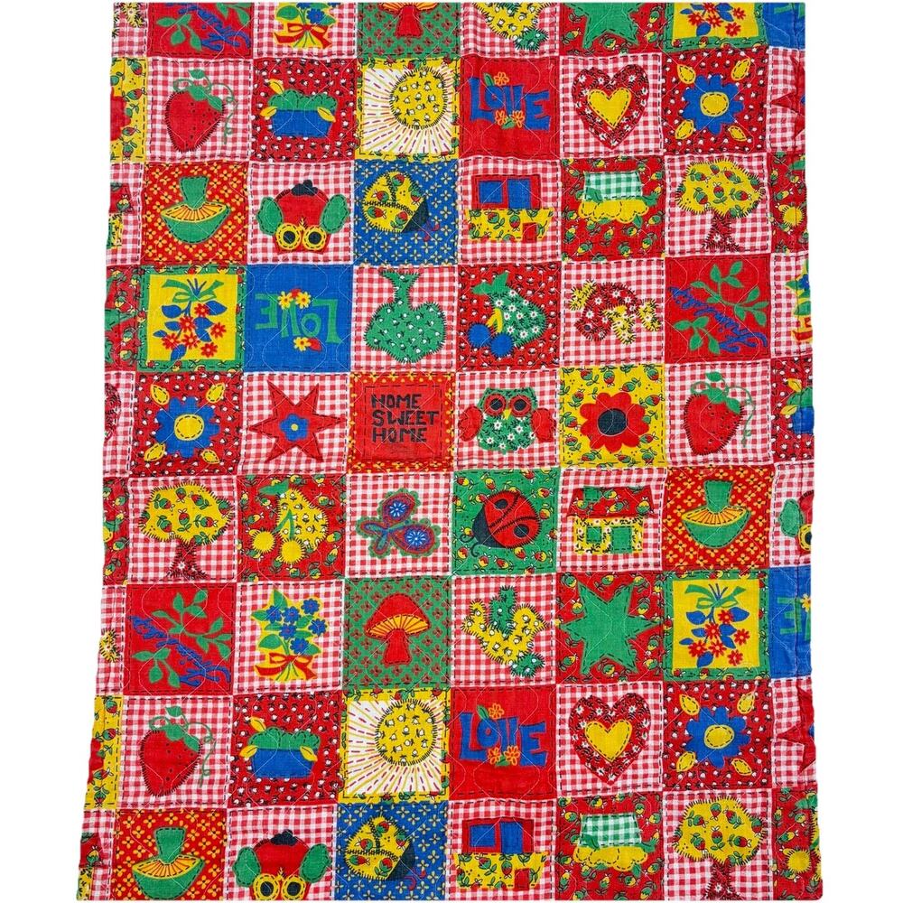 VTG Retro Mushroom Flower Power Quilted Patchwork Quilt Calico Gingham 19x31”